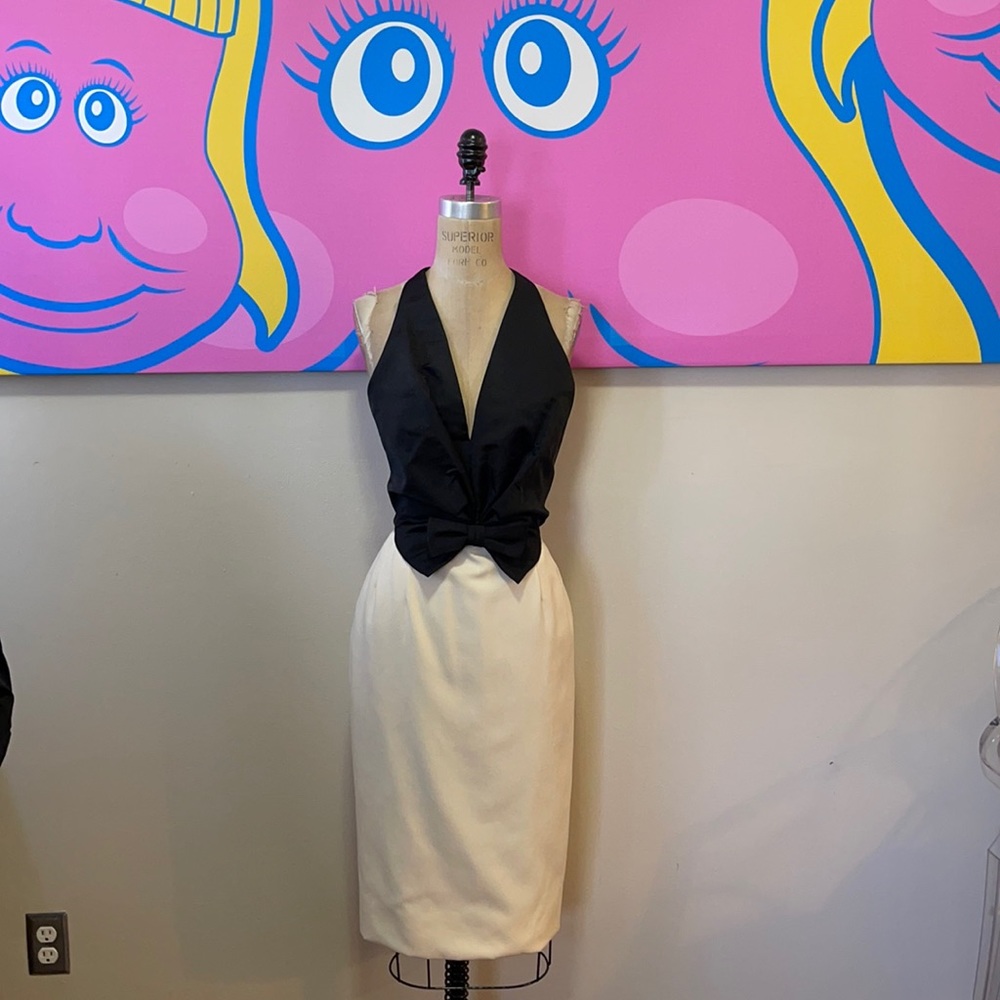Bill Blass Wool Tuxedo Dress Ivory Black Vintage